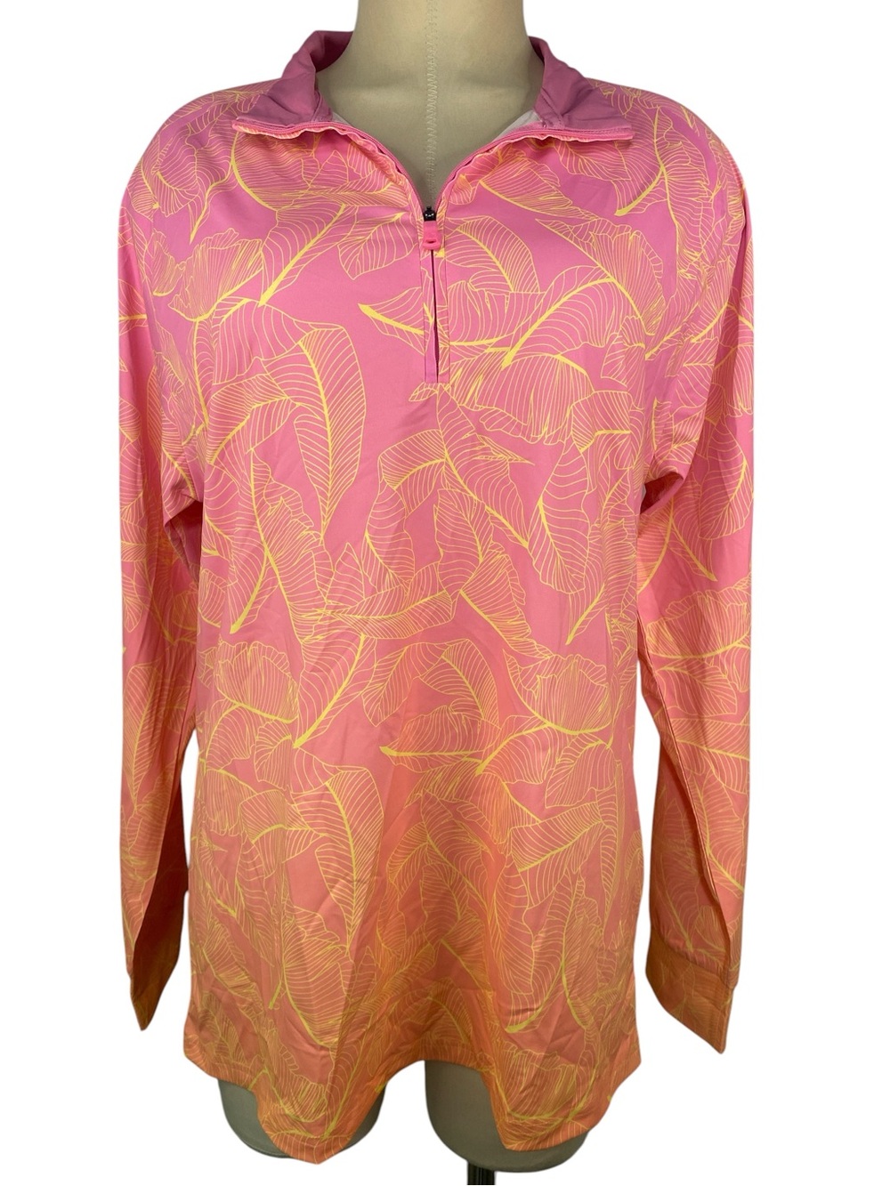 Birdie Bound Pink & Yellow Leaf-Print Quarter Zip Pullover Golf Jacket Women’s M